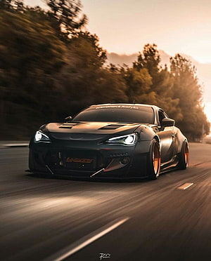 Rocket Bunny Toyota 86 Widebody Coupe Drifting on a Scenic Road at Sunset HD phone wallpaper