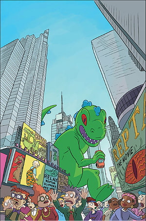 Reptar Giant Green Dinosaur Walking Through Times Square with Crowd of People HD phone wallpaper