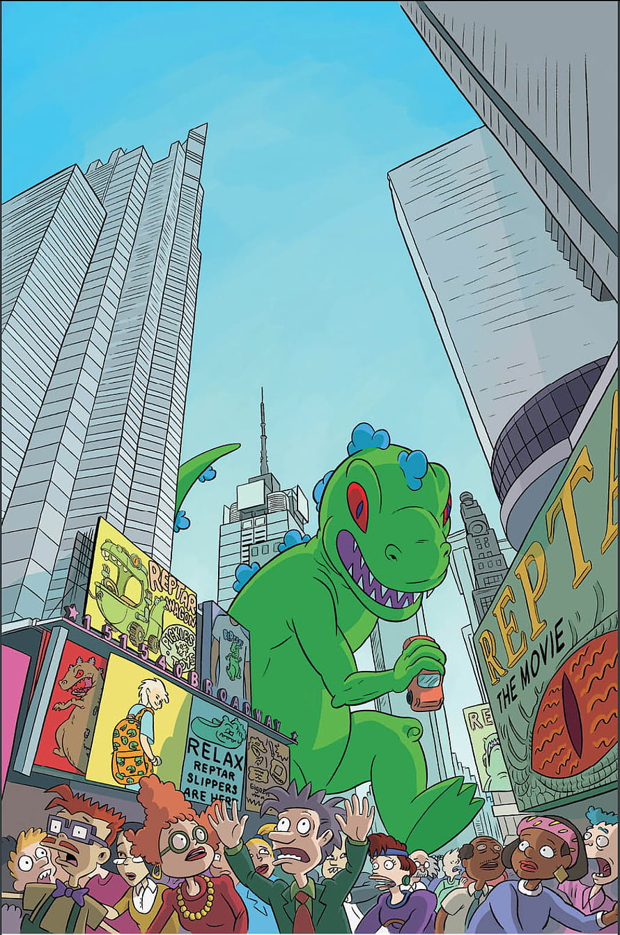 Reptar Giant Green Dinosaur Walking Through Times Square with Crowd of People HD phone wallpaper