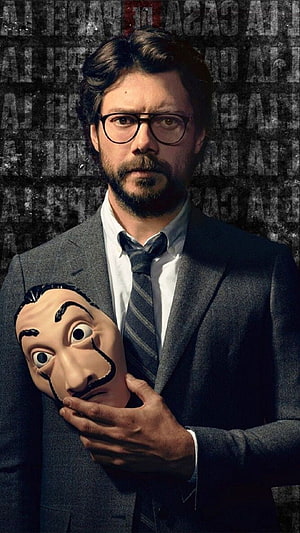 The Professor from Money Heist holding a Dalí mask in a grey suit against a dark textured background HD phone wallpaper