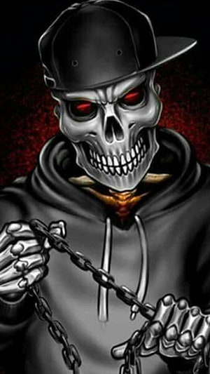 Grim Reaper Skeleton in Black Hoodie and Cap with Chains and Glowing Red Eyes HD phone wallpaper