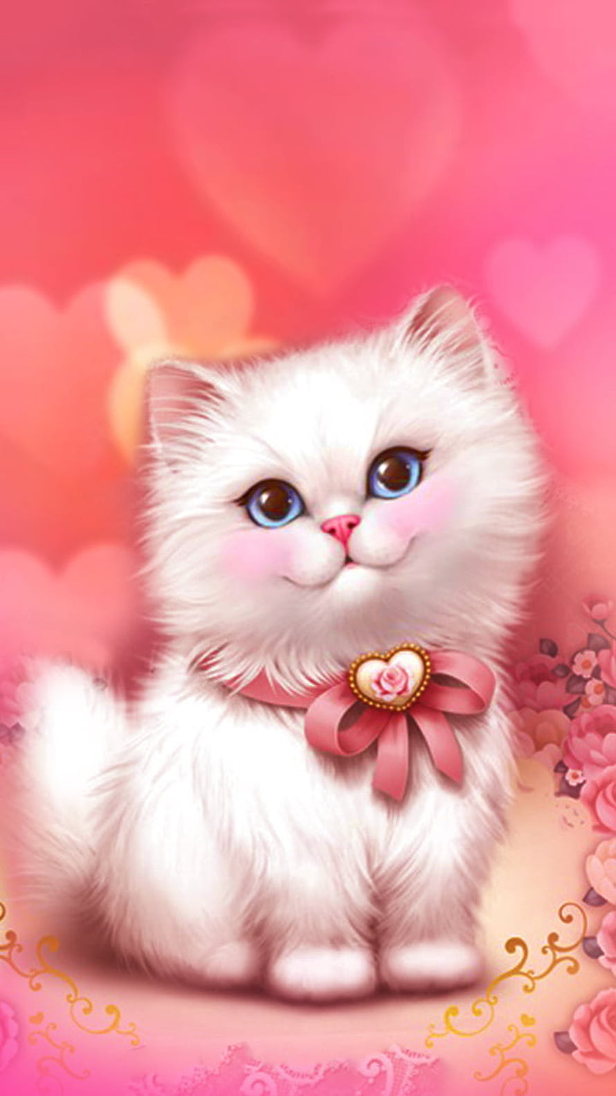 Adorable White Kitten with Blue Eyes and Pink Bow on Romantic Heart Background HD phone wallpaper