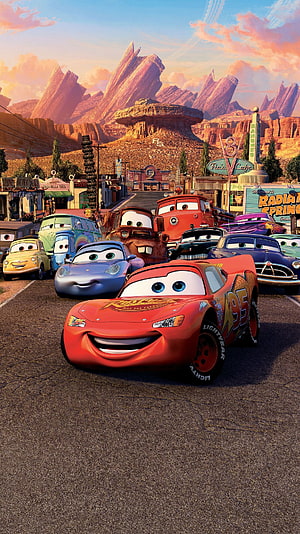 Cars Movie Lightning McQueen and Friends in Radiator Springs Desert Town HD phone wallpaper