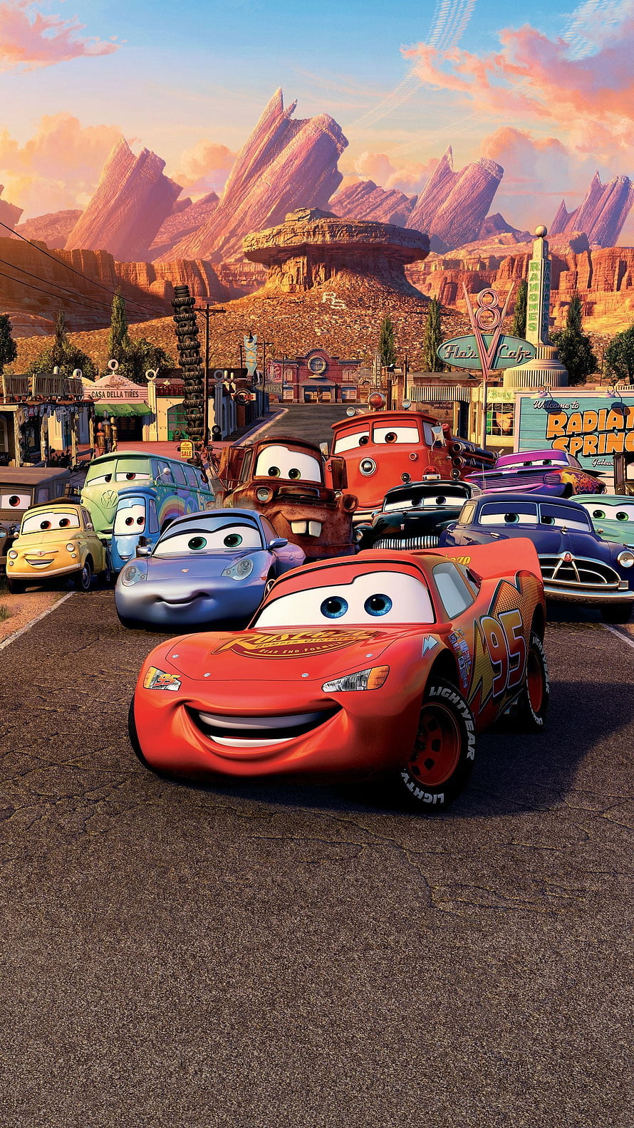 Cars Movie Lightning McQueen and Friends in Radiator Springs Desert Town HD phone wallpaper