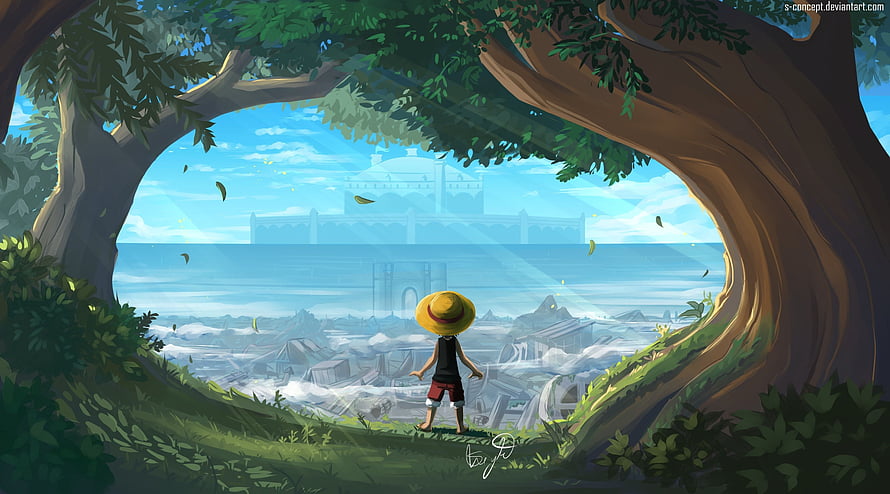 One Piece Anime Concept Art of Luffy Gazing at a Distant Island Through a Tree Frame HD wallpaper