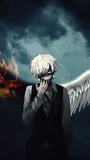Ken Kaneki from Tokyo Ghoul with Flame and White Wings in Dark Stormy Sky HD phone wallpaper