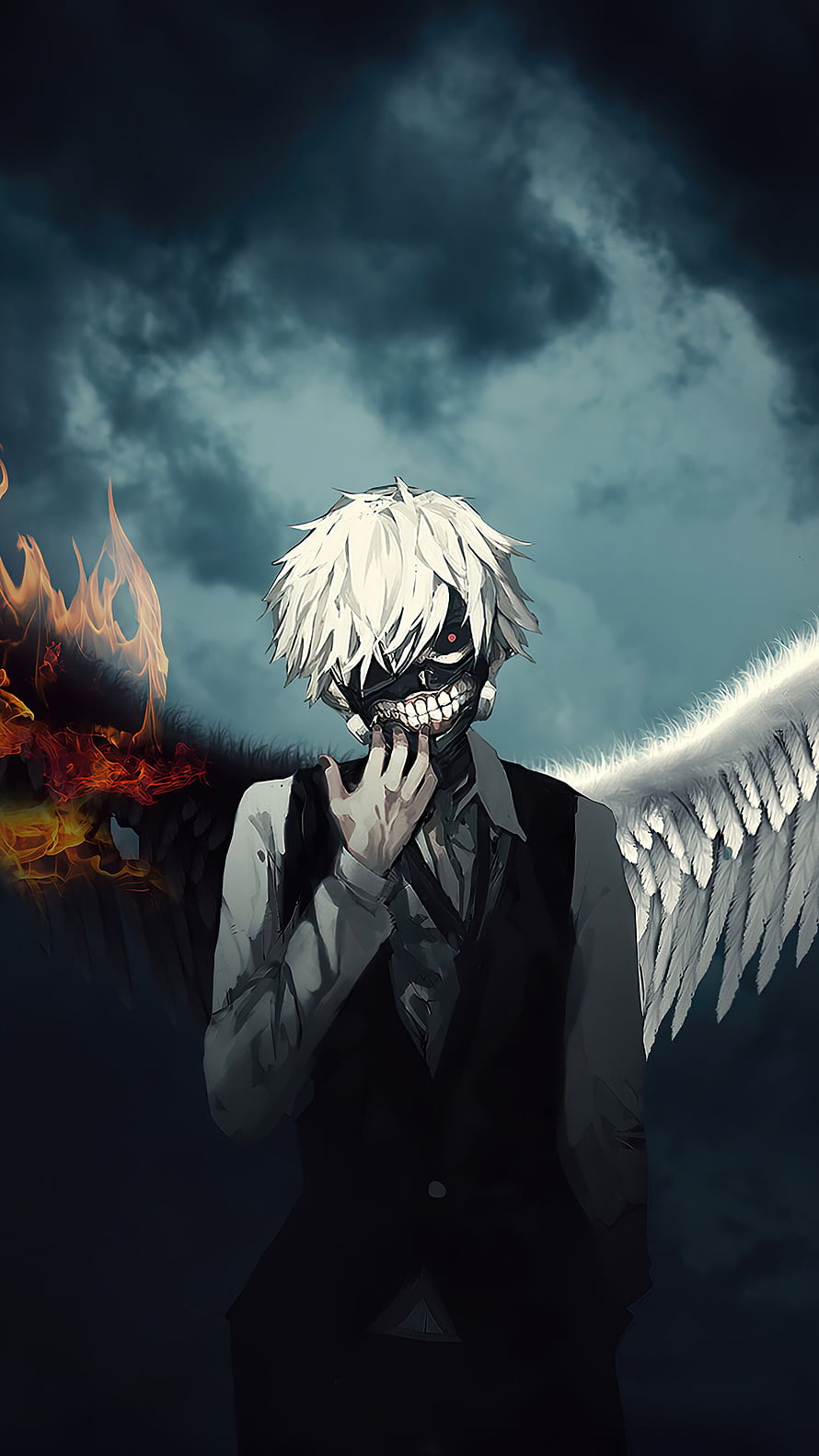 Ken Kaneki from Tokyo Ghoul with Flame and White Wings in Dark Stormy Sky HD phone wallpaper
