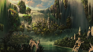 Majestic Fantasy City Nestled in Lush Waterfall Canyon with Misty River and Ancient Ruins HD wallpaper