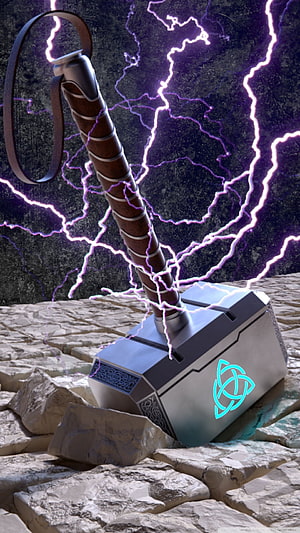 Mjolnir Thor's Hammer with Purple Lightning and Glowing Rune on Rocky Ground HD phone wallpaper