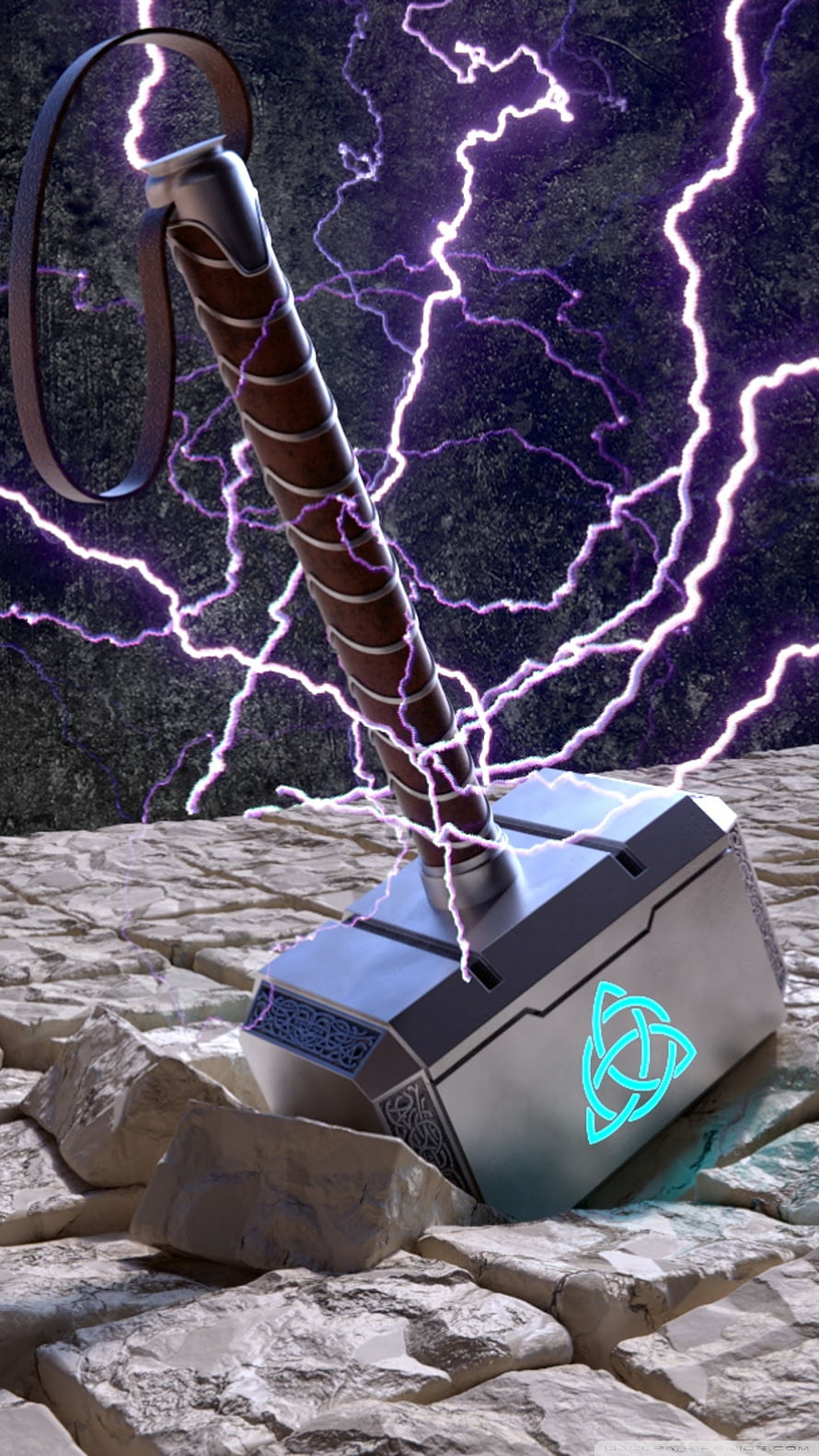 Mjolnir Thor's Hammer with Purple Lightning and Glowing Rune on Rocky Ground HD phone wallpaper