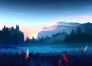 Stylized Vector Landscape of Misty Pine Forest and Mountain Range at Twilight HD wallpaper