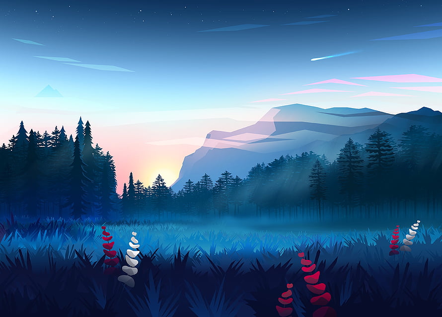 Stylized Vector Landscape of Misty Pine Forest and Mountain Range at Twilight HD wallpaper