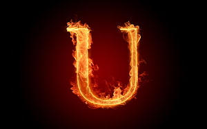 Burning Letter U in Vivid Orange Flames Against a Dark Red Background HD wallpaper