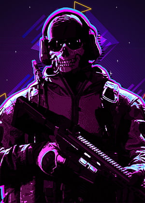Neon Cyberpunk Skull Soldier Portrait with Tactical Rifle and Headset HD phone wallpaper
