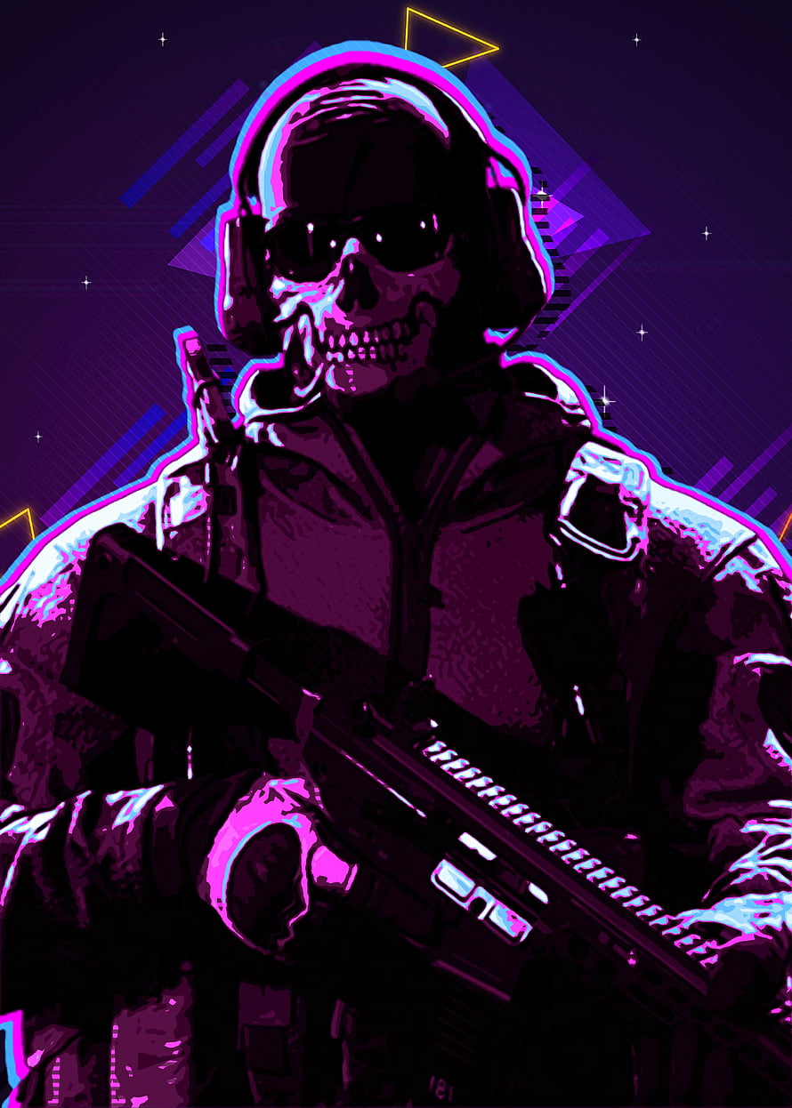 Neon Cyberpunk Skull Soldier Portrait with Tactical Rifle and Headset HD phone wallpaper