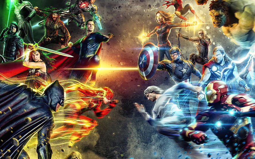 DC and Marvel Superhero Roster Face Off in Epic Cinematic Illustration HD wallpaper