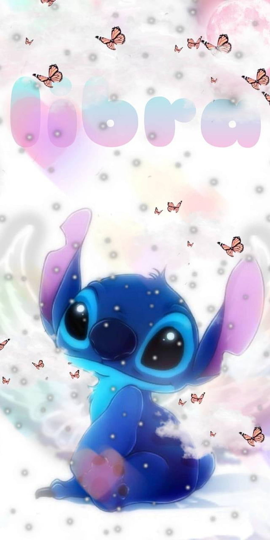 Stitch Sitting in Dreamy Pastel Clouds with Butterflies and Libra Text HD phone wallpaper