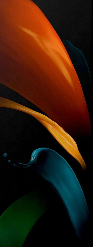 Vibrant Abstract Liquid Swooshes in Orange, Teal, and Green on a Dark Background HD phone wallpaper
