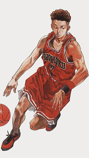 Slam Dunk Anime Character Dribbling in Red Shohoku Basketball Jersey HD phone wallpaper