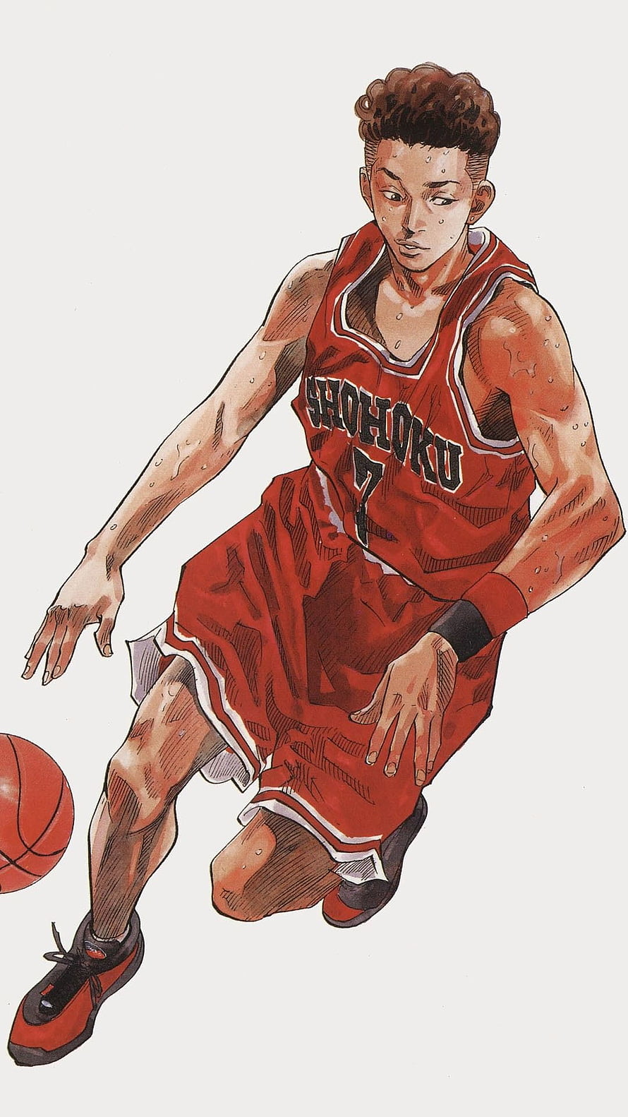 Slam Dunk Anime Character Dribbling in Red Shohoku Basketball Jersey HD phone wallpaper