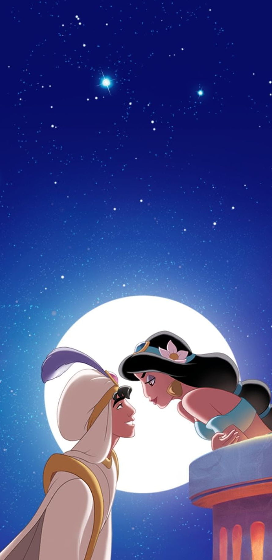 Aladdin and Jasmine sharing a romantic moment under a full moon and starry night sky HD phone wallpaper