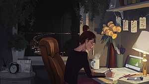 Woman Studying at Desk in Cozy Room at Night with Warm Lamp and City View HD wallpaper
