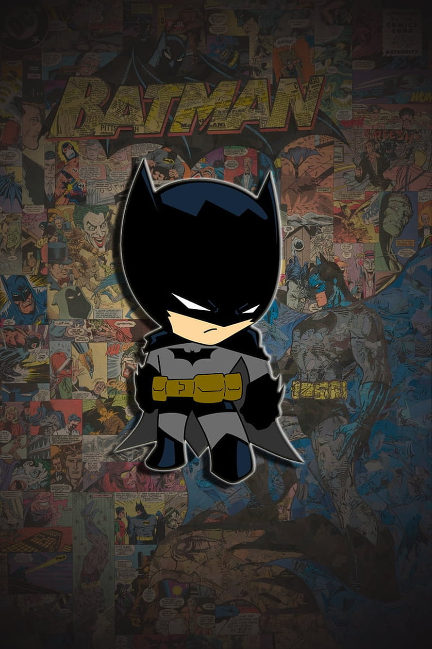 Cute Chibi Batman Character on Vintage Comic Book Collage Background HD phone wallpaper