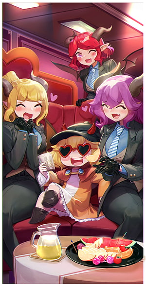 Guardian Tales Anime Characters Enjoying a Cozy Fruit Platter and Drinks in a Warm Lounge Setting HD phone wallpaper