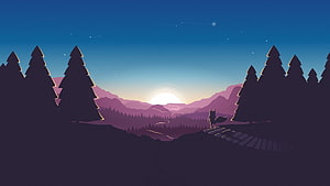 Minimalist Forest Landscape with Lone Wolf at Sunset and Starry Night Sky HD wallpaper
