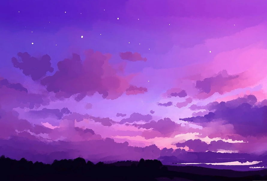 Purple Twilight Sky with Lavender Clouds and Starry Night Landscape HD wallpaper