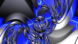Abstract 3D Chrome Liquid Metal Sculpture with Electric Blue Neon Glow HD wallpaper