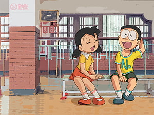 Shizuka Minamoto and Nobita Nobi Sitting on a School Bench in Doraemon Anime Style HD wallpaper