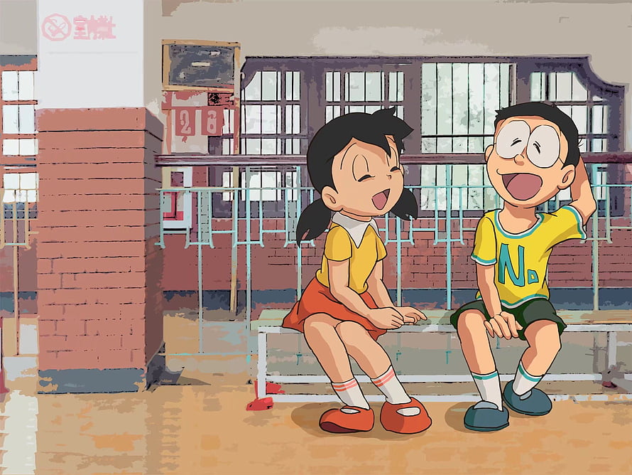 Shizuka Minamoto and Nobita Nobi Sitting on a School Bench in Doraemon Anime Style HD wallpaper