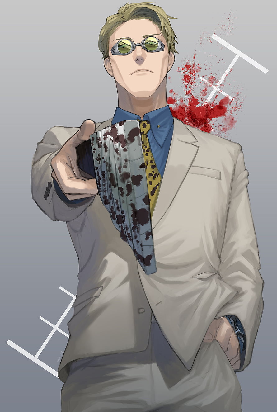 Kento Nanami from Jujutsu Kaisen in a beige suit holding a blood-stained card with red splatter effects HD phone wallpaper