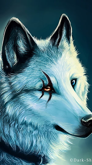 Detailed Digital Painting of a White Wolf with Heterochromia and Dark Markings HD phone wallpaper