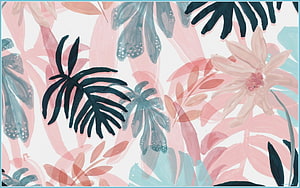 Watercolor Tropical Floral Pattern with Pink and Teal Botanical Leaves HD wallpaper