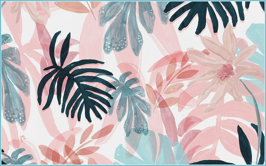 Watercolor Tropical Floral Pattern with Pink and Teal Botanical Leaves HD wallpaper