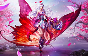 Fantasy Fairy Girl with Giant Red Butterfly Wings in Cherry Blossom Garden HD wallpaper