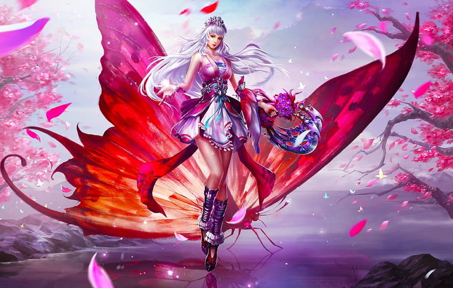 Fantasy Fairy Girl with Giant Red Butterfly Wings in Cherry Blossom Garden HD wallpaper