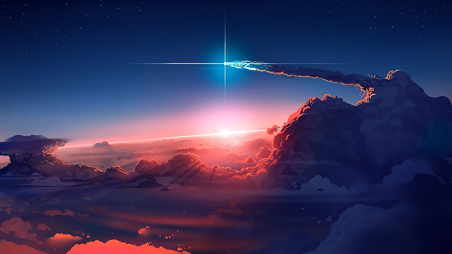 Anime Style Meteor Shower Over Dramatic Sunset Clouds and Starry Night Sky HD wallpaper