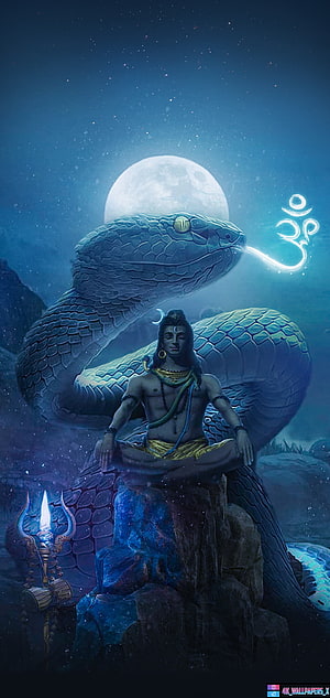 Lord Shiva Meditating on a Rock with a Giant Cobra and Full Moon in a Starry Night Sky HD phone wallpaper