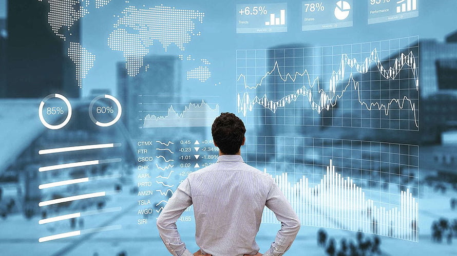 Businessman Analyzing Financial Data and Stock Market Charts on Digital Dashboard HD wallpaper