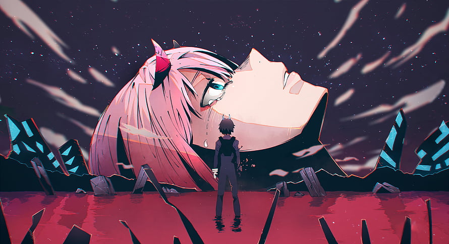 Hiro and Zero Two Standing in a Crimson Landscape with Giant Face in the Sky HD wallpaper