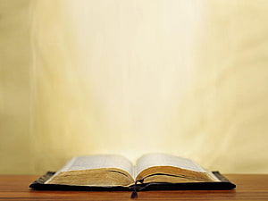 Open Holy Bible on Wooden Table with Warm Golden Light and Soft Background HD wallpaper