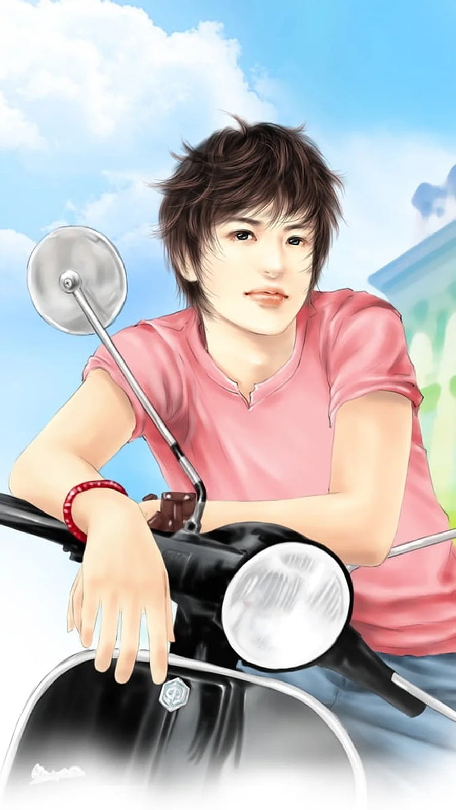 Young Man in Pink Shirt Leaning on Scooter Under Blue Sky HD phone wallpaper