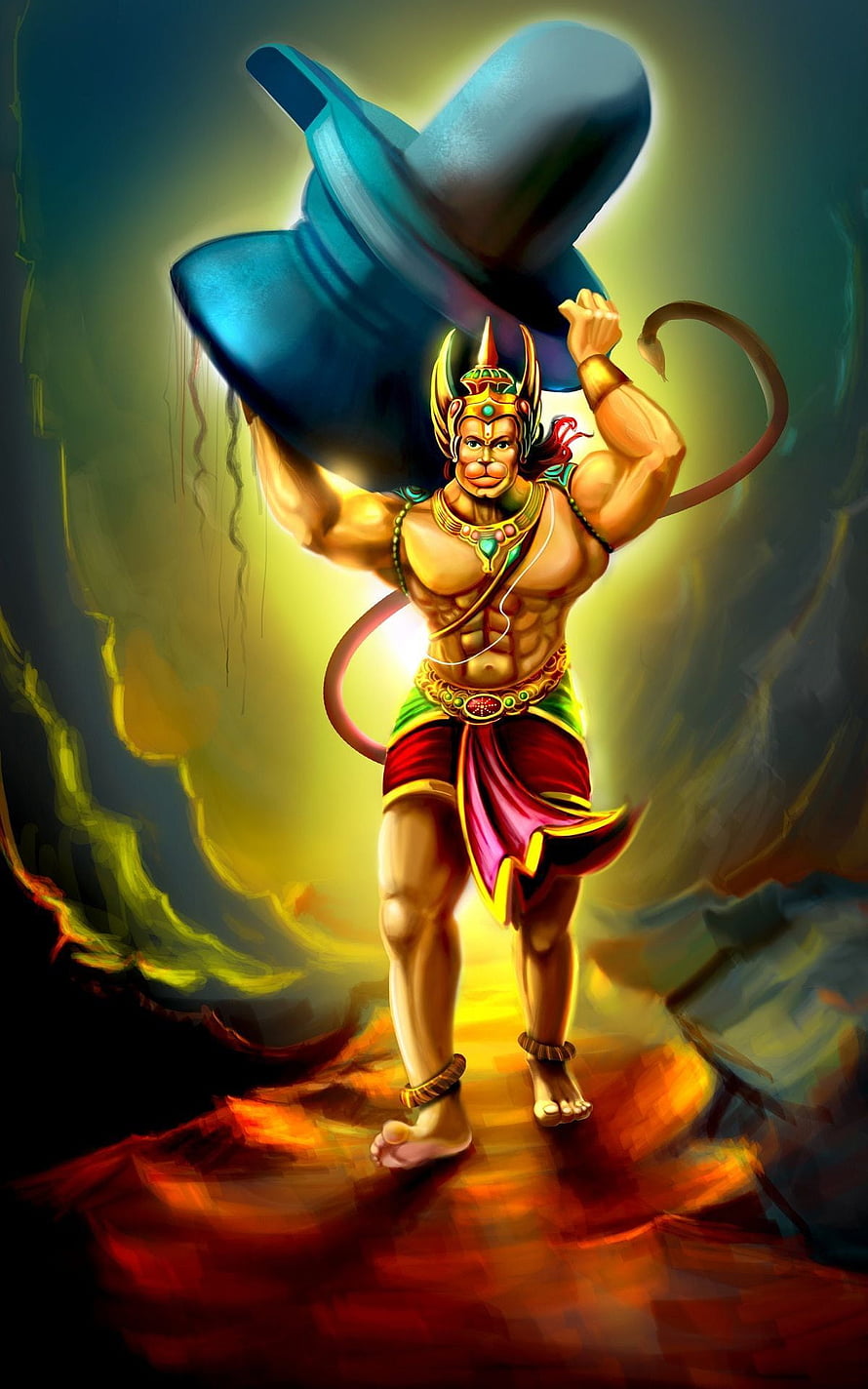 Lord Hanuman Digital Art Illustration Lifting Mountain HD phone wallpaper