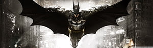 Batman Arkham Knight Gliding Through Rainy Gotham City Streets HD wallpaper