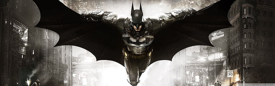 Batman Arkham Knight Gliding Through Rainy Gotham City Streets HD wallpaper