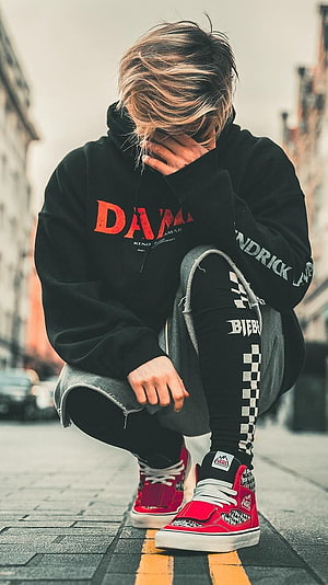 Young Man in Black Hoodie and Red Vans Sneakers Crouching on City Street, Attitude, Boy, Attitude Boy HD phone wallpaper