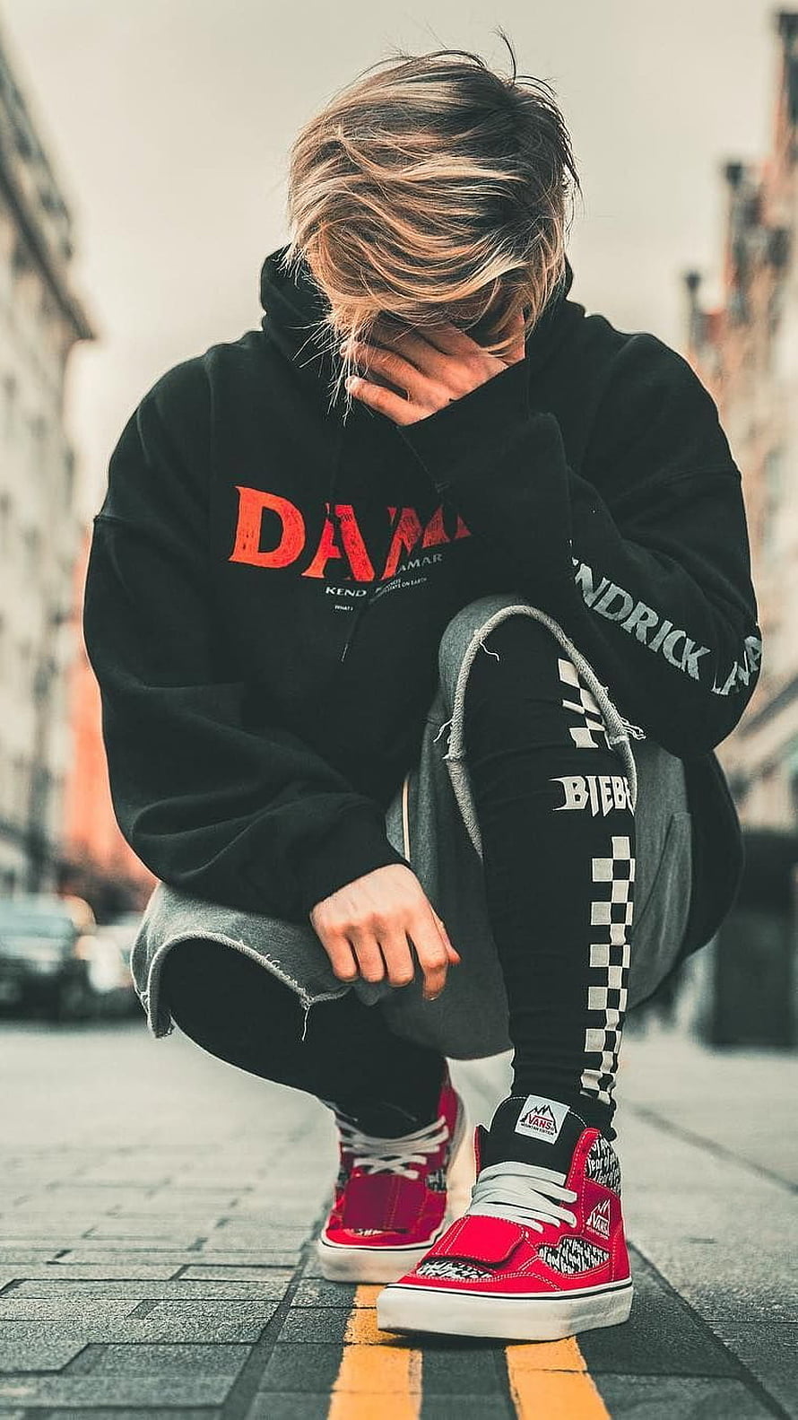 Young Man in Black Hoodie and Red Vans Sneakers Crouching on City Street, Attitude, Boy, Attitude Boy HD phone wallpaper
